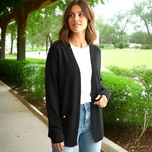 Carducci Sweater Cardigan XL Rib Knit Black Long Sleeve Beaded Neckline Grommets